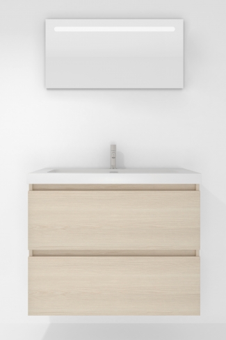 <p>
	Pack formado por mueble de baño realizado en tablero laminado con dos cajones totalmente extraíbles y cierre softclosing. Lavabo de resina y espejo con iluminación LED incluidos. Made in Europe.</p>
