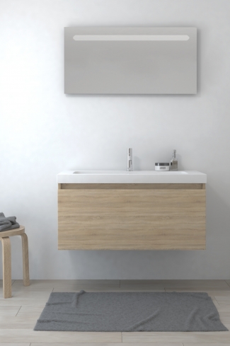 <p>
	Pack formado por mueble de baño realizado en tablero laminado con un cajón totalmente extraíble y cierre softclosing. Lavabo de resina y espejo con iluminación LED incluidos. Made in Europe.</p>

