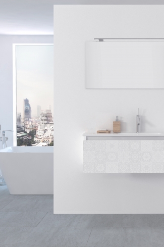 <p>
	Pack formado por mueble de 100 cm realizado en material estratificado alto brillo con frontal decorado mediante técnica láser. Cajón totalmente extraible y cierre soft-closing. Incluye lavabo cerámico de color blanco, espejo y foco iluminación LED de 80cm. Fabricado en España.</p>
