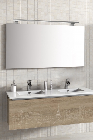 <p>
	Pack formado por mueble de 120 cm realizado en material laminado acabado madera con frontal decorado mediante técnica láser. Cajón totalmente extraible y cierre soft-closing. Incluye lavabo cerámico de color blanco, espejo liso  y un foco iluminación LED de 100cm. Fabricado en España.</p>
