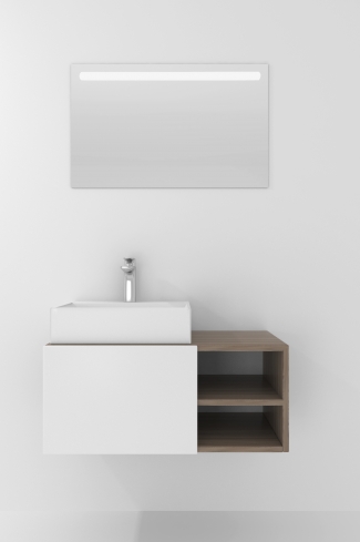 <p>
	Pack compuesto por mueble de baño realizado en material laminado, formado por una puerta blanco mate y un espacio decorativo. Bisagras con cierre softclosing testadas a 80.000 ciclos regulables en los tres ejes. Colgadores a pared capaces de soportar hasta 30 Kg por colgador. Cantos realizados en PVC de 1mm. Incluye lavabo sobreencimera y espejo con iluminación LED. Fabricado en España</p>

