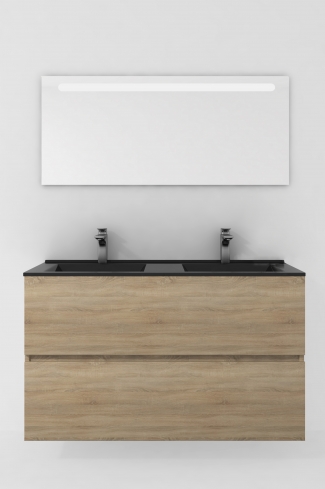 <p>
	Conjunto de mueble de baño realizado en material laminado de 19mm formado por dos cajones con sistema cierre suave . Lavabo en cristal templado de color negro y espejo con iluminación integrada incluidos.Grifo no incluido. Fabricado en España. </p>
