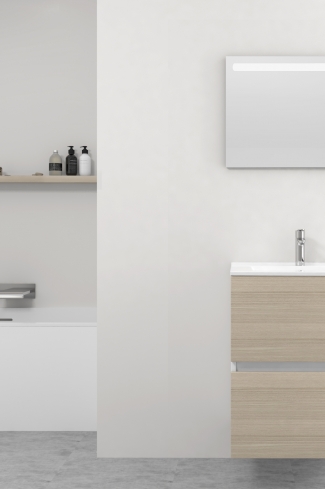 <p>
	Pack formado por mueble de baño realizado en tablero laminado 19mm acabado madera, con dos cajones totalmente extraíble con cierre softclosing. Lavabo cerámico y espejo con iluminación LED incluidos. Made in Europe.</p>
