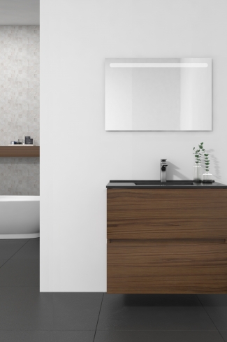 <p>
	Conjunto de mueble de baño realizado en material laminado de 19mm formado por dos cajones con sistema cierre suave . Lavabo en cristal templado de color negro y espejo con iluminación integrada incluidos.Grifo no incluido. Fabricado en España. </p>
