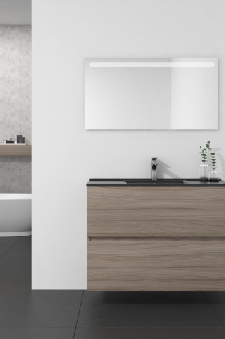 <p>
	Conjunto de mueble de baño realizado en material laminado de 19mm formado por dos cajones con sistema cierre suave . Lavabo en cristal templado de color negro y espejo con iluminación integrada incluidos.Grifo no incluido. Fabricado en España. </p>
