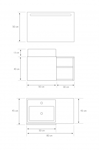 <p>
	Pack compuesto por mueble de baño realizado en material laminado, formado por una puerta blanco mate y un espacio decorativo. Bisagras con cierre softclosing testadas a 80.000 ciclos regulables en los tres ejes. Colgadores a pared capaces de soportar hasta 30 Kg por colgador. Cantos realizados en PVC de 1mm. Incluye lavabo sobreencimera y espejo con iluminación LED. Fabricado en España</p>
