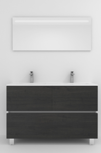 <p>
	Pack compuesto por mueble de baño realizado en material laminado, formado por dos puertas y un cajón inferior. Bisagras con cierre softclosing testadas a 80.000 ciclos regulables en los tres ejes. Colgadores a pared capaces de soportar hasta 30 Kg por colgador. Patas aluminio acabado cromo brillo. Cantos realizados en PVC de 1mm. Incluye lavabo cerámica y espejo con iluminación LED. Fabricado en España</p>
