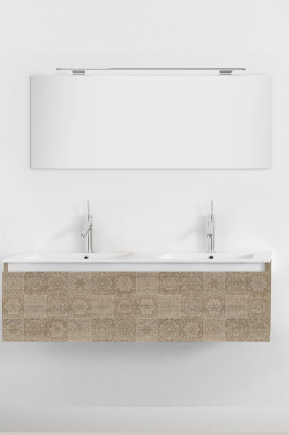 <p>
	Pack formado por mueble de 120 cm realizado en material laminado con frontal decorado mediante técnica láser. Cajón totalmente extraible y cierre soft-closing. Incluye lavabo cerámico de color blanco con dos senos, espejo y foco iluminación LED de 100cm. Fabricado en España.</p>
