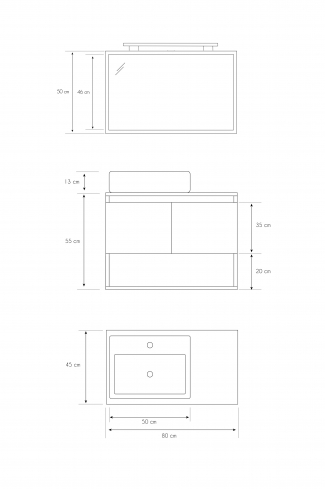 <p>
	Pack compuesto por mueble de baño realizado en material laminado, formado por dos puertas y un espacio decorativo inferior, cantos en negro. Bisagras con cierre softclosing testadas a 80.000 ciclos regulables en los tres ejes. Colgadores a pared capaces de soportar hasta 30 Kg por colgador. Cantos realizados en PVC de 1mm. Incluye lavabo sobreencimera, espejo y foco iluminación LED. Fabricado en España</p>

